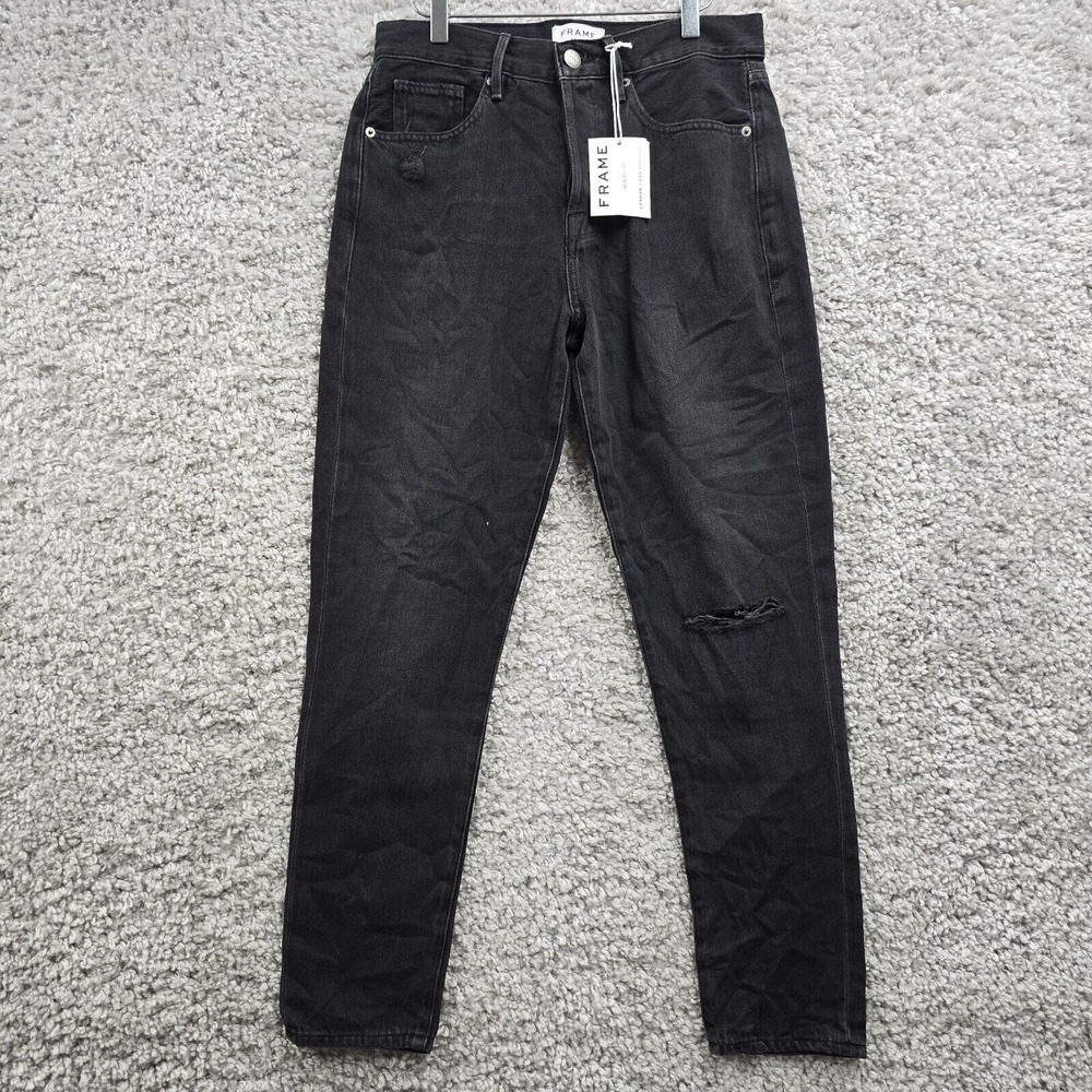 FRAME Le Original Skinny Jeans Womens 29 Black Distressed High Rise Button Fly